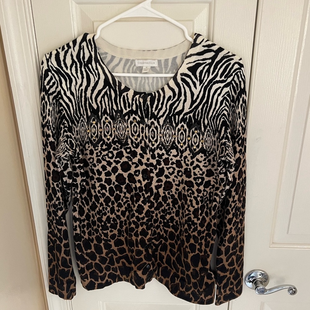 Charter Club Brown and Beige Animal Print Cardigan with jewel embellishm…